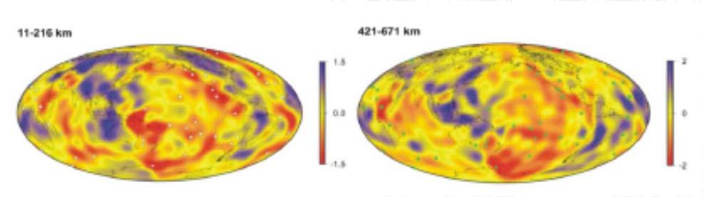 5-2 Tomographisches Bild der Verteilung der Scherwellengschwindigkeit in zwei Heiß (rot) Farben zeigen niedrige