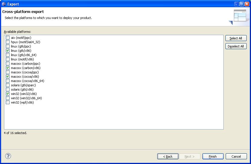 Abbildung 5: Auswahl der Plattformen Ein Klick auf Finish startet den Export und die entsprechenden Archive werden erzeugt. 1.7 Hinweise für die Umstellung von Plug-Ins auf das Eclipse RCP 3.