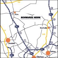 Wegbeschreibung zum Flugplatz Hünxe ( Dinslaken Schwarze Heide) Autobahn A 3 (Oberhausen-Arnheim) Ausfahrt Dinslaken-Nord (Nr. 8) L 462 (Bergerstraße) Richtung Kirchhellen Nach ca.