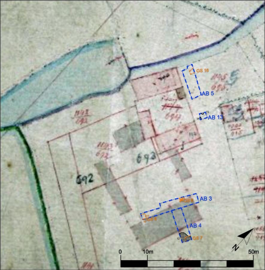14 Abbildung 10: Überblendung der Befunde mit dem Urkataster Mittelalterliche Gebäude, Schichten und Strukturen konnten nicht nachgewiesen werden.