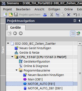 7.2 Erweiterung des Funktionsbausteins FB1 MOTOR_AUTO um einen IEC-Timer TP Öffnen Sie zuerst den