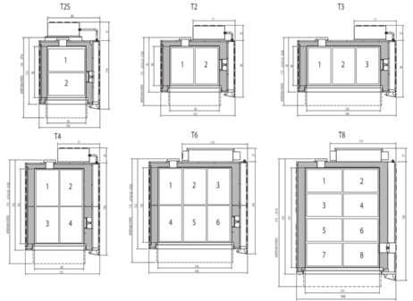 Heizelemente aus Edelstahl, verstärkt im Türbereich zum Ausgleich von Wärmeverlusten Backkammern mit zwei Nutzhöhen (18 und 30 cm) mit Ausnahme der Baureihe PW-2S und PW-8 (Höhe 18 cm) Backkammer mit