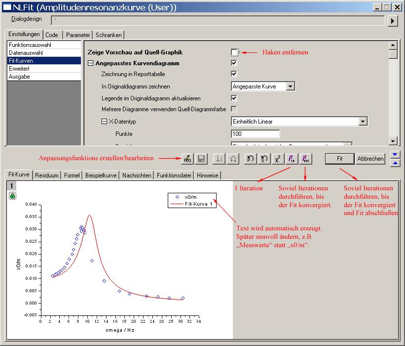 6 Abb. 8: Fenster NLFit nach Auswahl der Option Fit-Kurven unter der Registerkarte Einstellungen und Entfernen des Hakens bei Zeige Vorschau auf Quell-Grafik. Zugefügte Kommentare in Rot.