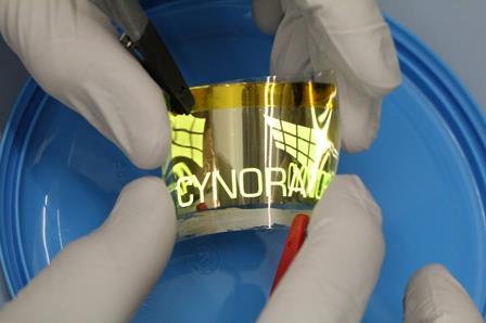 Funktionstest mit OLED-Beschichtung auf biegsamer Unterlage; Foto: cynora Wird eine elektrische Spannung angelegt, beginnen die Farbstoffe zu leuchten.