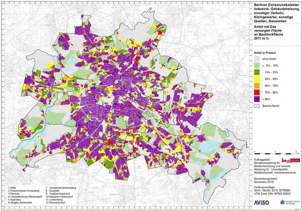 Bild 4.1: Anteil mit Gas versorgter Fläche an Baublockfläche 2011, Datenquelle: Berlin 2015 Schornsteinfegerdaten Schornsteinfegerdaten für Berlin wurden von der Stadt Berlin übergeben.