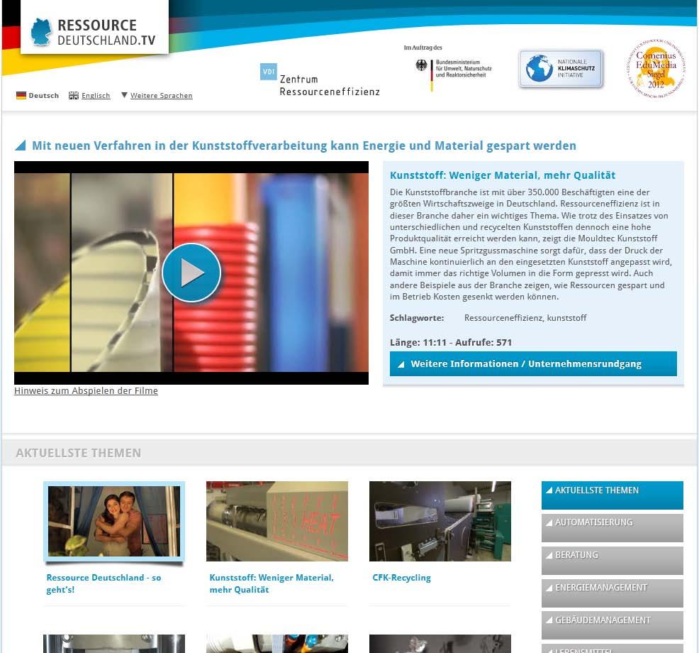 Webvideomagazin Regelmäßige Veröffentlichung von Kurzfilmen Gute-Praxis-Beispiele und thematische Schwerpunkte für Ressourceneffizienz, insbesondere in KMU RE-Prozesse erklärt
