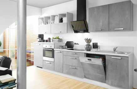 Küchenzeile Front Concrete mit Korpus monnlight grey seidenmatt, Griffe edelstahlfarbig, ca 350 cm