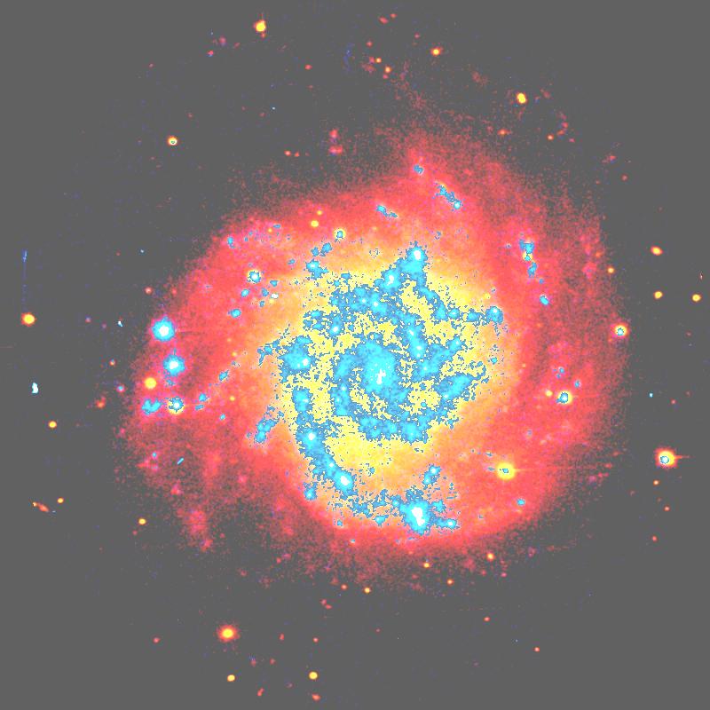 Sternpopulationen 20 kpc OB -Supercluster M74, face-on Galaxie, visuell (rot) + UV (blau), Typ: Sc Spiralgalaxien besitzen Sterne unterschiedlichen Alters und chemischer Zusammensetzung