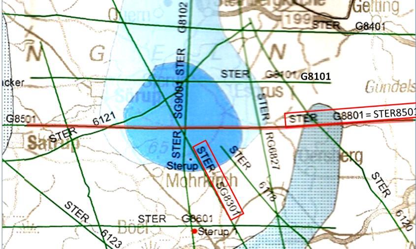 Abb. 3: Lageplan seismischer Linien in Sterup mit Lage der bearbeiteten Linien STER8301 und STER8501 Abb.