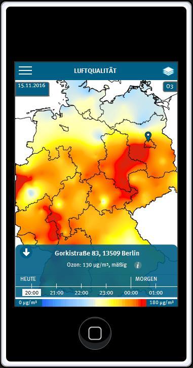 Luftqualitätsapp - Clickdummy Luftqualität für ein Standort Prognose für 72 Stunden Karten Infobutton (Informationen zu den Schadstoffen, sowie zur