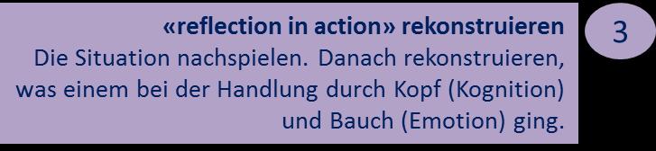 Reflection in Action nach Schön (1983, 1987) Professionelle werden durch die «Reflection in Action» zu Forschenden im Praxiskontext, indem sie eine neue Theorie passend zur einmaligen Situation