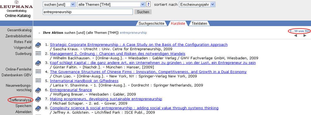 5. Trefferanalyse im Online-Katalog Seit kurzem bieten wir Ihnen die Trefferanalyse, die Sie zuvor schon in einigen Datenbanken des GBV finden konnten, auch über den Online-Katalog der UB Lüneburg an.