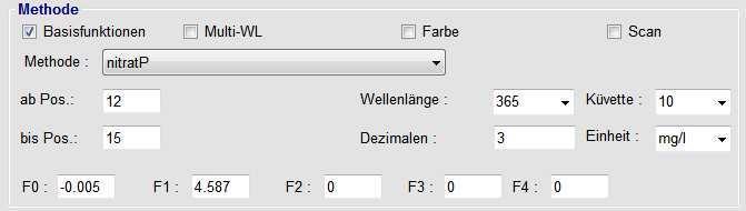 Dabei gilt Y = F4 x X 4 + F3 x X 3 + F2 x X 2 + F1 x X + F0 Für Multi-Wellenlängenmessungen, Farbmessungen und Wellenlängen-Scans haben die Faktoren keine Bedeutung und werden deaktiviert.