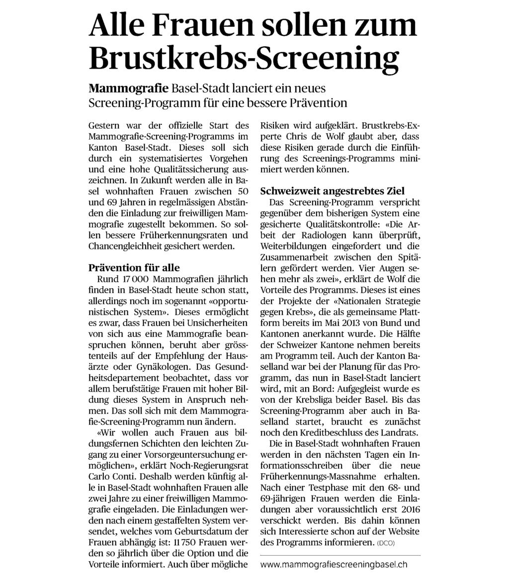 des Mammografie-Screening-Programms im Kanton Basel-Stadt. Dieses soll sich durch ein systematisiertes Vorgehen und eine hohe Qualitätssicherung auszeichnen.