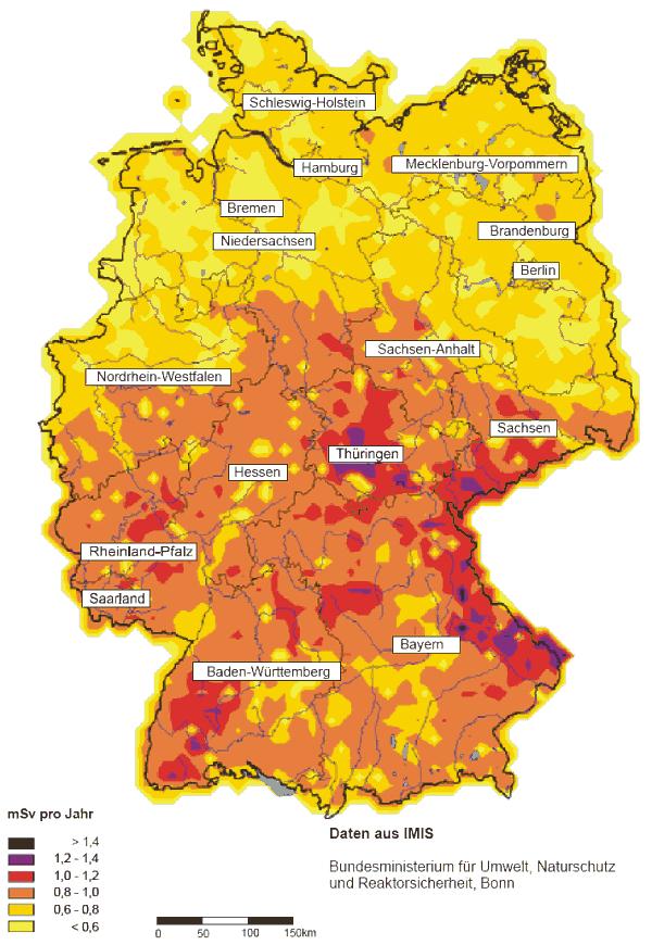 Natürliche Strahlenexposition in der Bundesrepublik Deutschland (ohne den Anteil des Edelgases Radon) [Dosis pro Jahr] Quelle: Bundesamt für Strahlenschutz 10