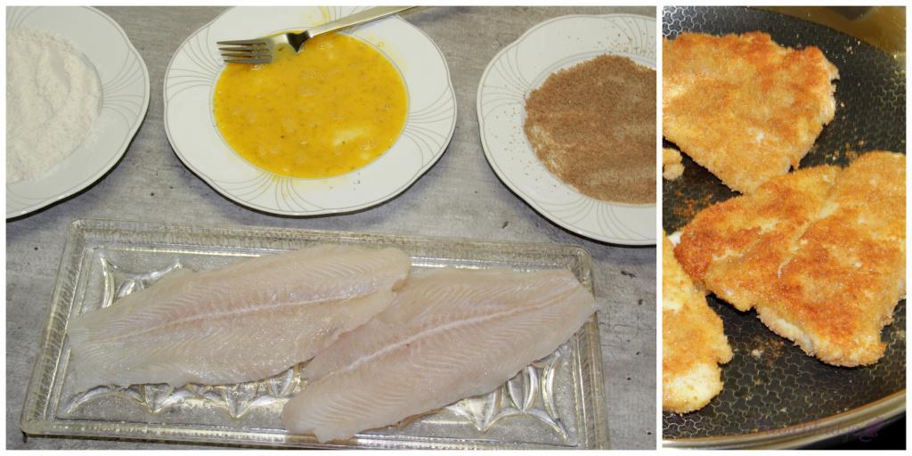 Den Fisch abspülen, trocken tupfen und große Filets halbieren. Mit etwas Zitronensaft beträufeln und salzen. 3 Teller richten mit Mehl, verquirltem Ei und Semmelbröseln.