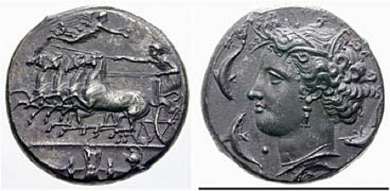 : 41 Rufpreis-Opening bid: CHF 3000,- AV 10 Litrae 0,67g um 405 v. Chr. Av: SURA (retrograd), Kopf der Athena mit attischem Helm nach links.