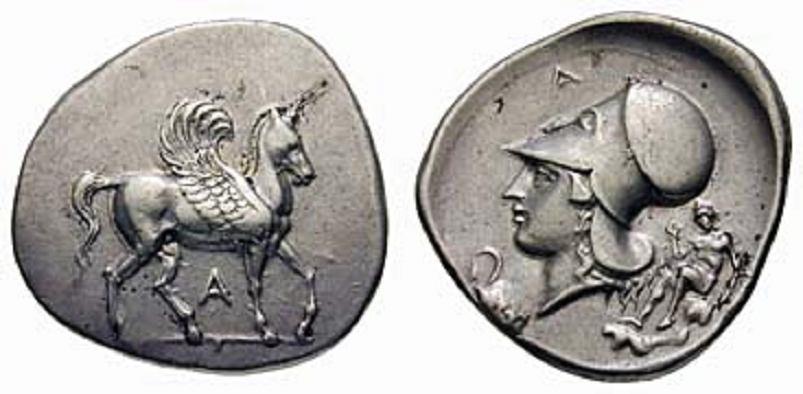 : 89 Rufpreis-Opening bid: CHF 2500,- AMBRAKIA AR Stater 8,37g 360 338 v. Chr. Av: A, Pegasos trabend nach rechts.