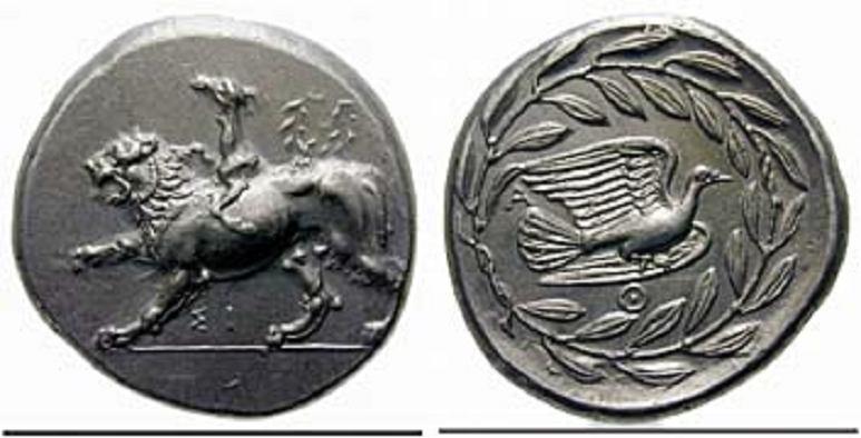 Av: / Pegasos fliegend nach links. Rv: Kopf der Athena mit korintischem Helm nach links; im Feld rechts: N-Ares (?