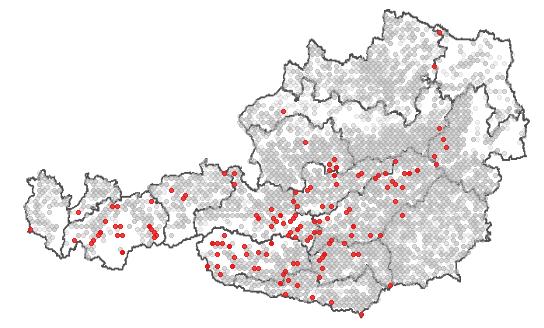 StartClim2015.D In Abbildung D-3.3-3 wird das Vorkommen von zwei unterschiedlichen Waldtypen auf Erhebungspunkten der Österreichischen Waldinventur dargestellt.