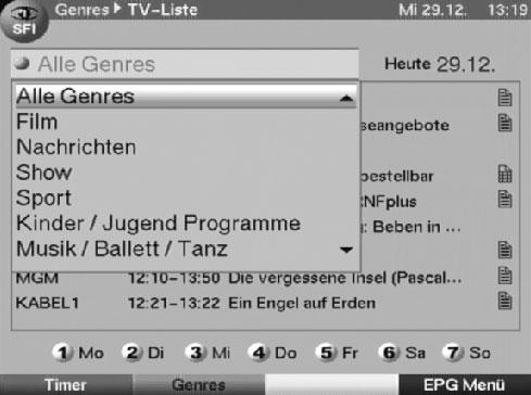 7.15.7.4 EPG-Übersicht nach Programmart (Genre) Wenn Sie sich für bestimmte Programmarten interessieren, können Sie sich die Programminformationen nach bestimmten Genres z.b. Film, Nachrichten, usw.