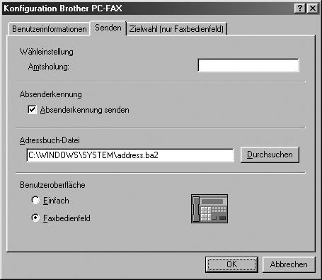 Sendeeinstellungen Um die Sendeeinstellungen zu ändern, klicken Sie im Dialogfeld Konfiguration Brother PC-FAX auf die Registerkarte Senden.