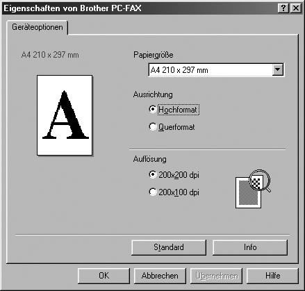 Um Einstellungen für den jeweiligen Modus zu ändern, klicken Sie auf Einstellungen ändern Faxeinstellungen Brother PC-FAX Faxauflösung Fein (200 x 200) Um die Faxeinstellungen zu ändern, klicken