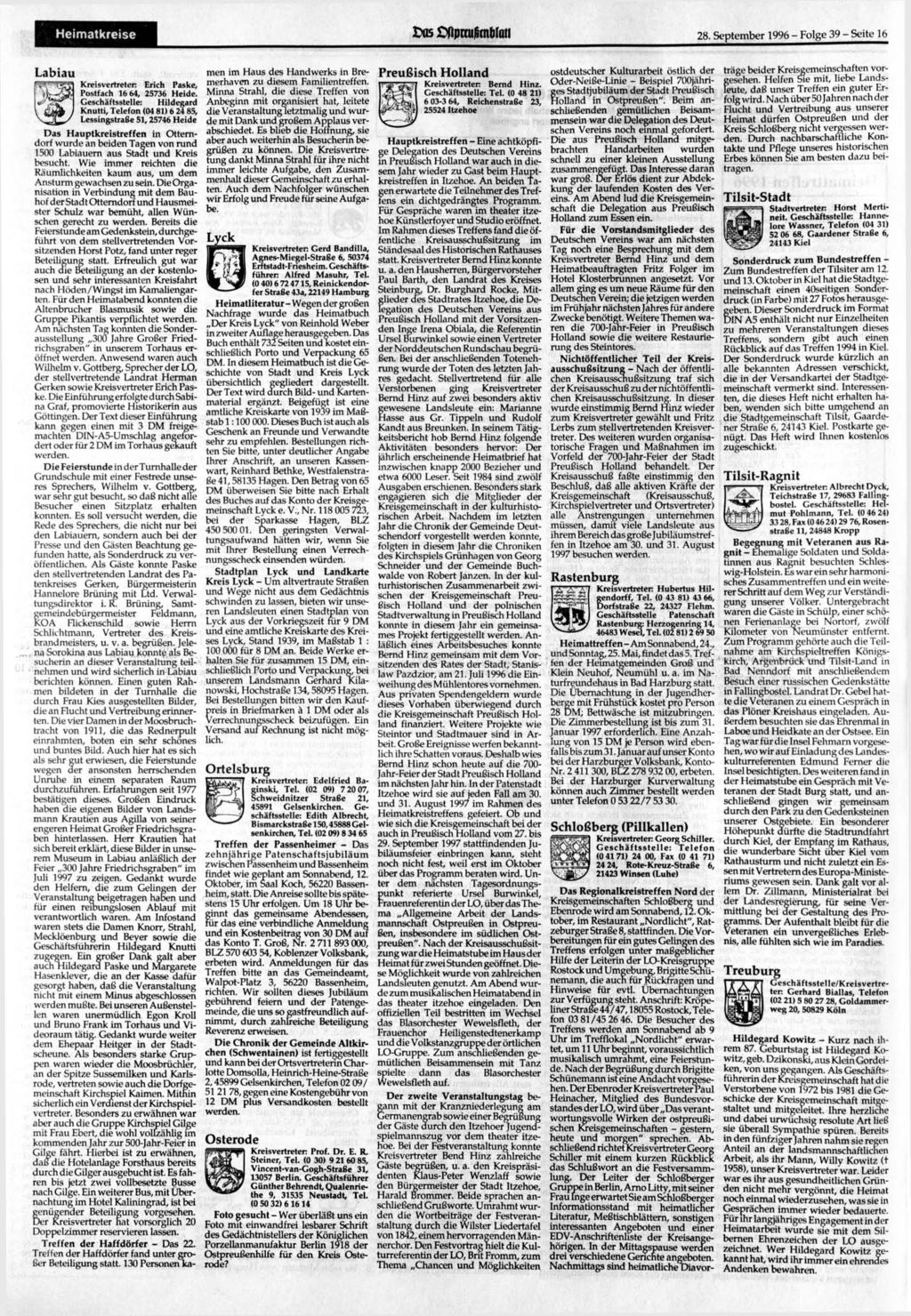 Heimatkreise ft ffpmt knmau 28. 1996 - Folge 39 - Seite 16 Labiau Kreisvertreter: Erich Paske, Postfach 16 64, 25736 Heide.