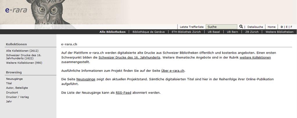 Beispiel: e-rara.ch Zurzeit 2 612 alte Drucke online, (ca.