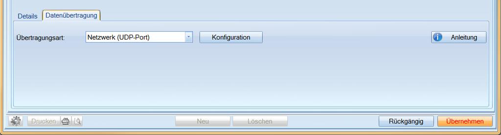 Seite 4/4 1.3. Einbinden über Netzwerk (UDP-Port) Hierzu verbinden Sie Ihren Rechner mit dem Netzwerkkabel. Wählen Sie im Feld Übertragungsart den Punkt Netzwerkpfad (UDP-Port) aus.