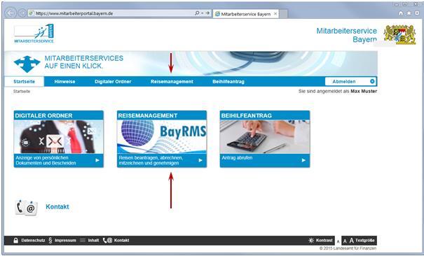 de/ Unter der oben genannten URL finden Sie auch Hinweise und Informationen. Wählen Sie anschließend den Dienst BayRMS durch Klick auf das Icon, oder das Menü Reisemanagement aus.
