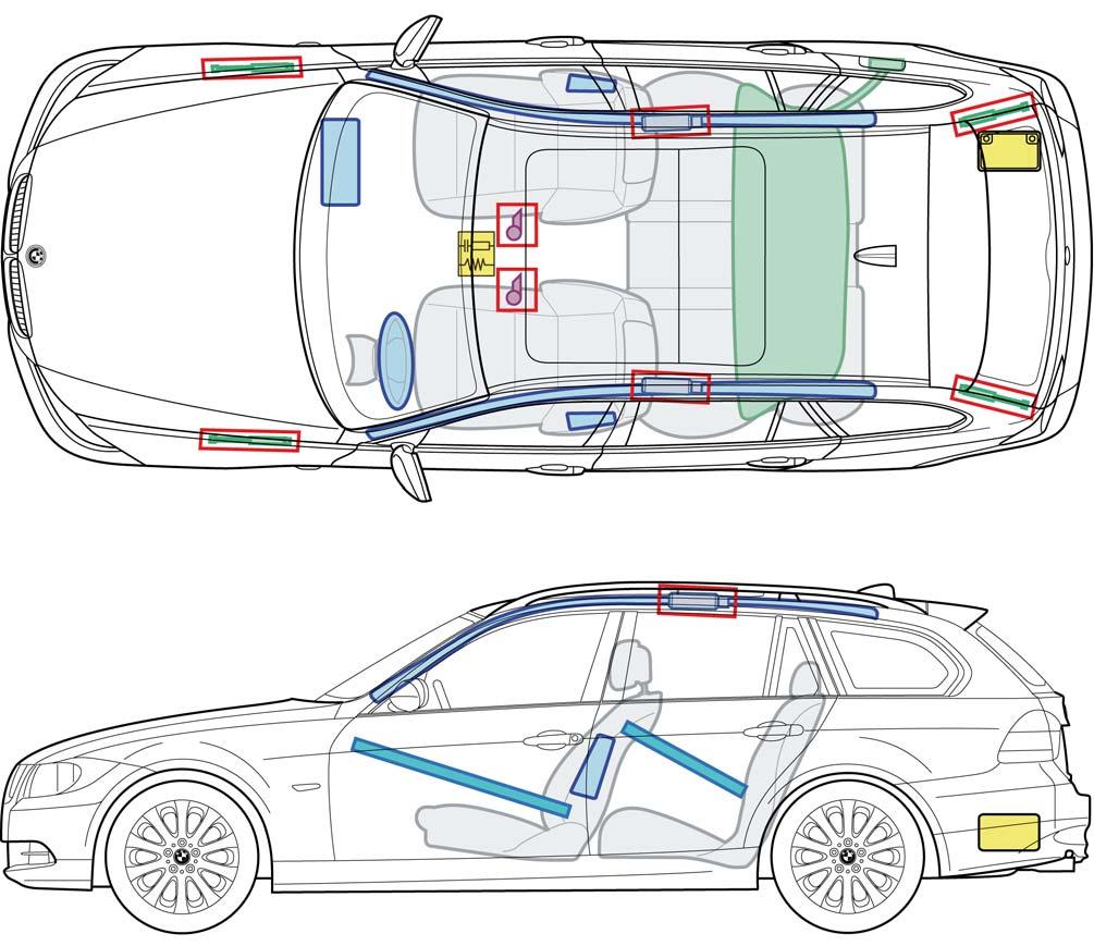 3er-Reihe E91 (seit 03/2005) Legende Airbag In dieser Übersicht ist die maximale Ausstattung des Fahrzeugs dargestellt.