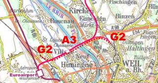 5 Neue Spange im Basler Norden Lösungsansatz Märkt Bild: SMA Querung Märkt Achse A98 (D) - A35 (F) Trasse G2 (rot gepunktet) zur Überleitung von Güterzügen.