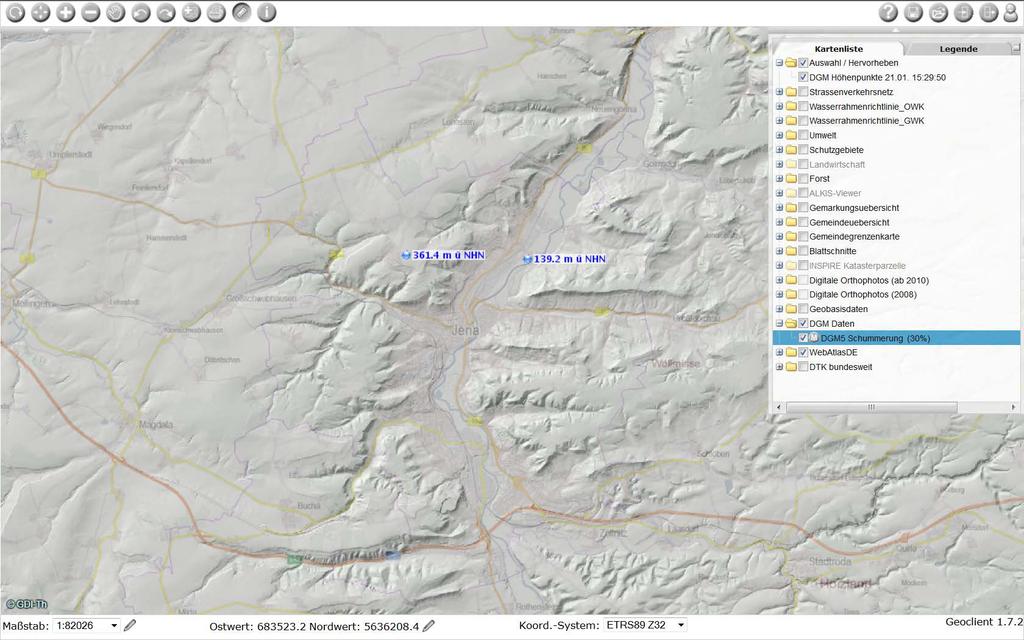DGM - Digitales Geländemodell Kombination mit Karte Höhenangaben