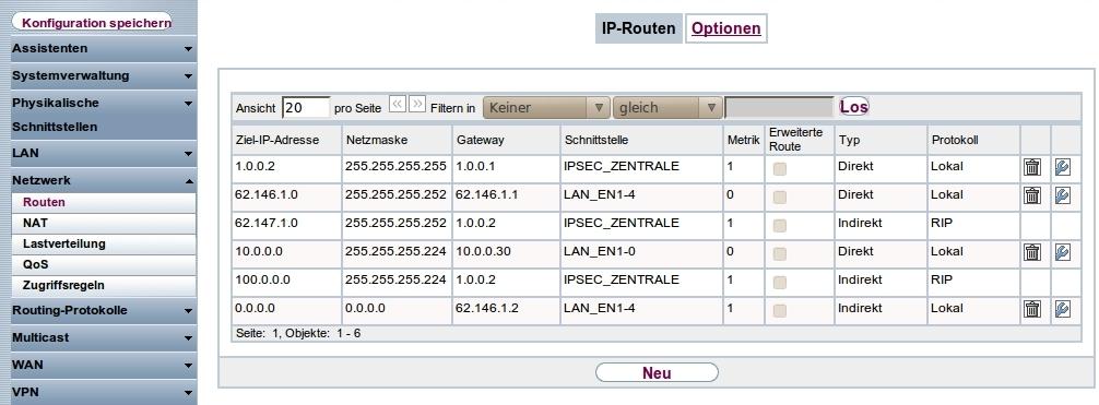 5 IP - Routing-Protokoll RIPv2 über IPSec-Verbindung Abb. 52: Netzwerk -> Routen -> IP-Routen Ergebnis: Standort A (Außenstelle) Abb.