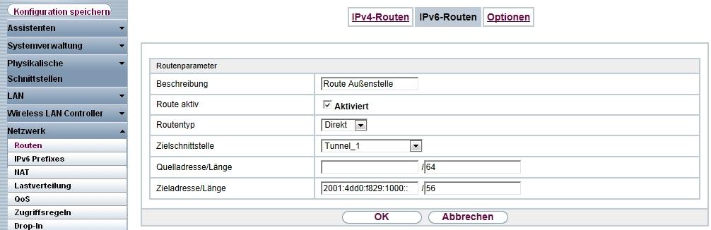 9 IP - Tunnel Broker SixXS mit ::/48-Präfix und Verteilung durch einen IPSec-Tunnel Abb. 71: Netzwerk -> Routen -> IPv6-Routen -> Neu Geben Sie eine Beschreibung ein, z. B. B)"# 