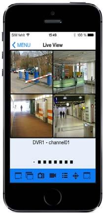 Zugriff über Smartphone iphone / ipad - Applikation aus dem Appstore / RXCamView - Livebildansicht (Vollbild, 4-fach) - PTZ Steuerung - Suche und Wiedergabe von aufgezeichneten Daten - Verwaltung