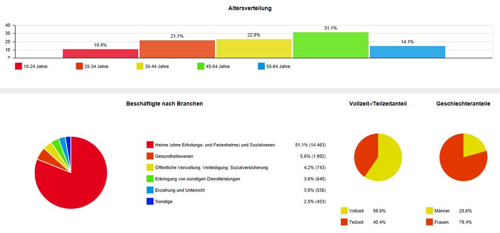 Struktur der Beschäftigung in der Altenpflege Altersverteilung 15-24 Jahre 25-34 Jahre 35-44 Jahre 45-54 Jahre 55-64 Jahre Beschäftigte nach Branchen Vollzeit-/Teilzeitanteil Geschlechteranteile