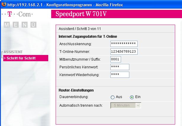 Speedport W 701V mit dem Assistenten als DSL-Router einrichten 6. Geben Sie die Internetzugangsdaten ein, die Sie von Ihrem Internetanbieter erhalten haben. Klicken Sie auf OK & Weiter.