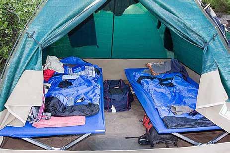Die Zelte Geräumige Doppelzelte (Stehhöhe) mit Feldbetten, Isolationsmatten, Fixleintüchern und Schlafsäcken.
