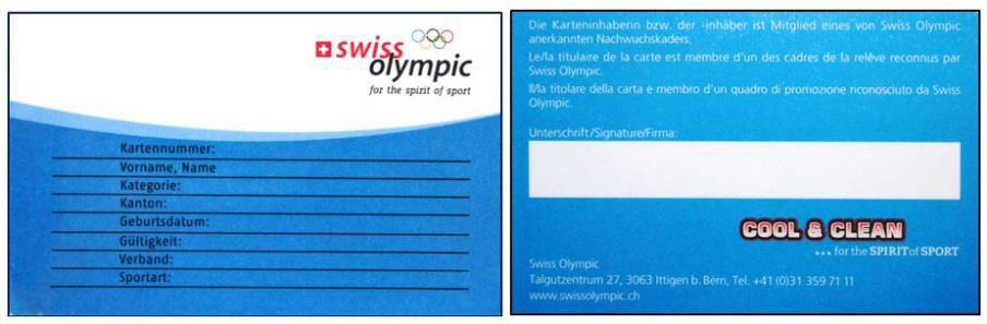 Nachwuchsförderung Swiss Olympic Talentcards: die drei Card-Kategorien Förderleistungen der Talentcard -Card : Registrierter eistungsathlet auf iste Swiss Olympic (keine physische Card) / Zugang zu