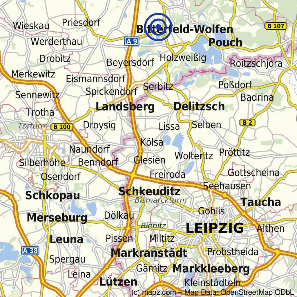 DIE LAGE Verkehrsanbindung - A9 AS Bitterfeld/ Wolfen ca. 3 km - A14 / A9 Schkeuditzer Kreuz ca. 27 km - A14 Flughafen Leipzig / Halle ca. 34 km - Zentrum Stadt Leipzig/ HBF ca.