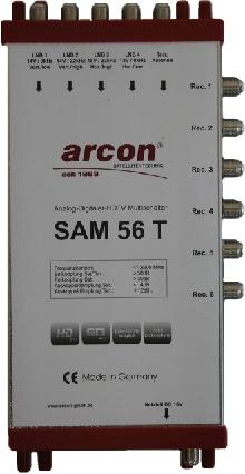 Multischalter 5 Eingänge Der SAM 56 T dient zur Verteilung von 4 SAT-Ebenen und einem terrestrischen Signal auf 6 Teilnehmerausgänge.