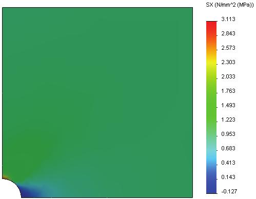 Anzeigen der Normalspannung in der globalen X-Richtung Doppelklicken Sie im SolidWorks Simulation Manager auf die Darstellung Spannung (X-Normal) im Ordner Ergebnisse.