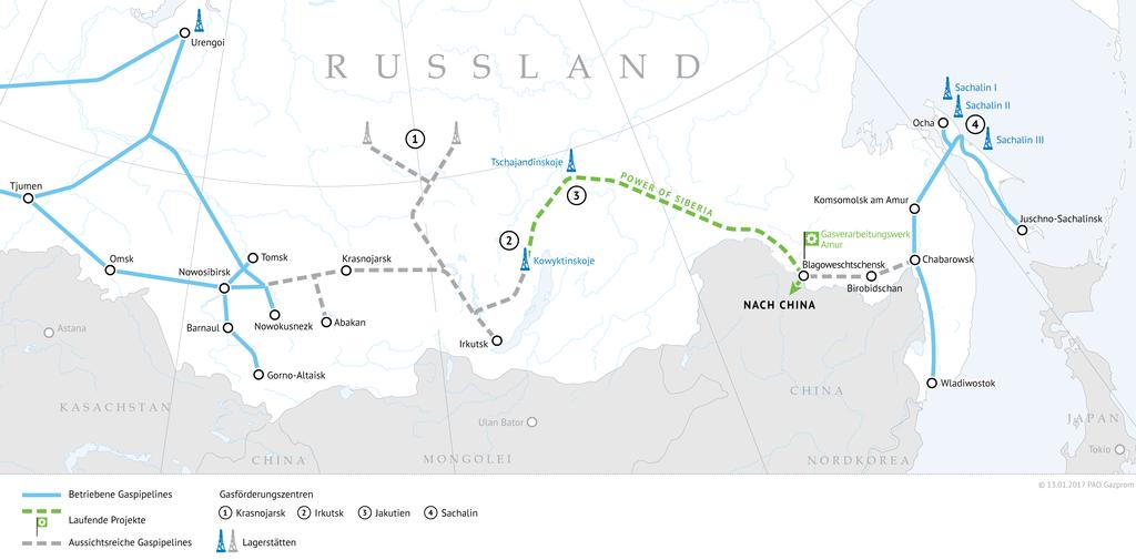 Gaspipeline Power of Siberia, Lagerstätten Tschajandinskoje und Kowyktinskoje Länge der Gaspipeline Power of Siberia: ca. 3.000 km Durchmesser: 1.