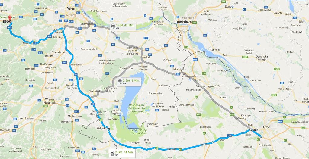 Schneller über die A3 auf die Westautobahn gleiche Fahrzeit kein Stau in Wien nur 20 km mehr Hinweis: die Zeitangabe bei der Route über Sopron bezieht sich auf die