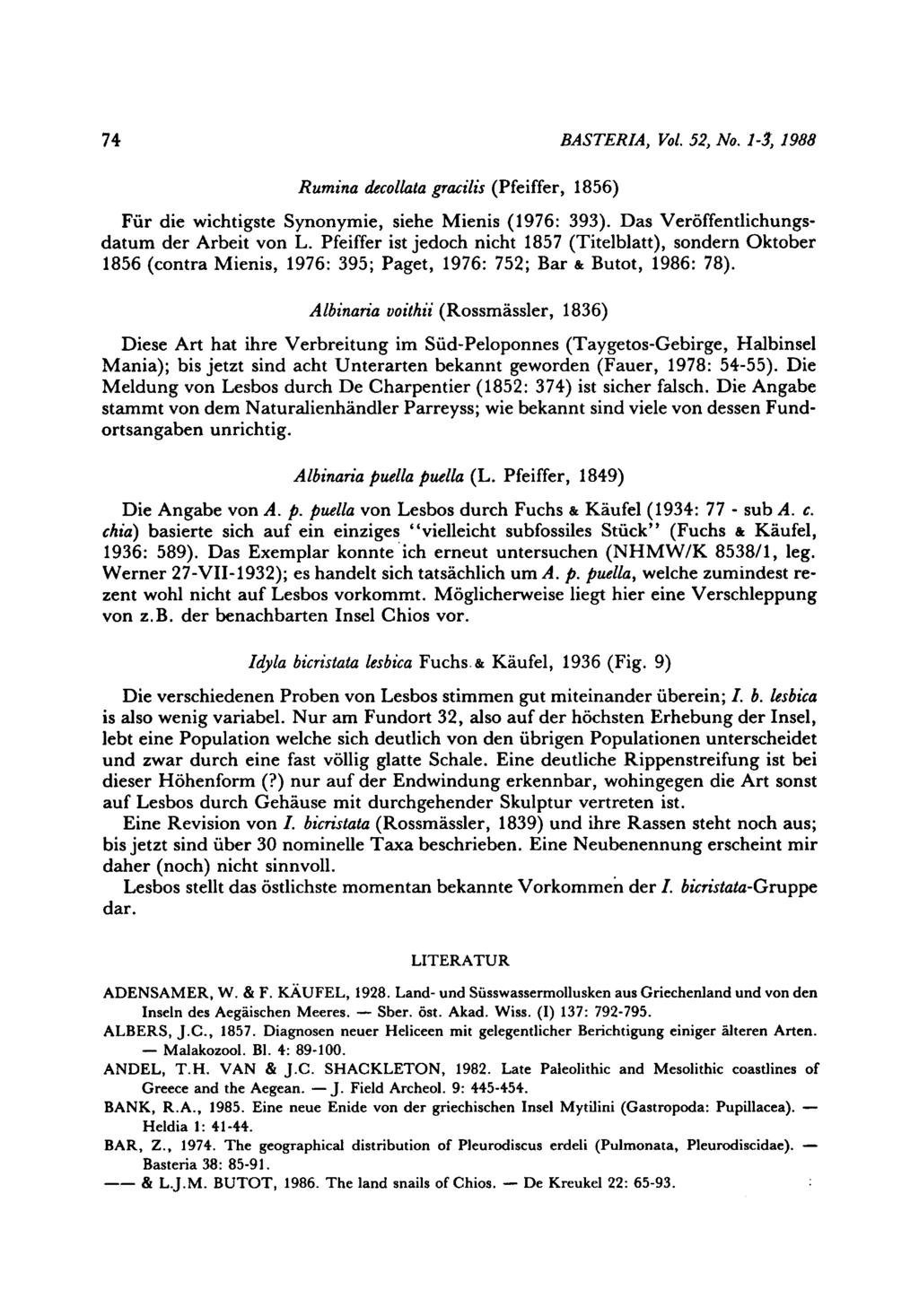 74 BASTERIA, Vol. 52, No. 13, 1988 Rumina decollata gracilis (Pfeiffer, 1856) Für die wichtigste Synonymie, siehe Mienis (1976: 393). Das Veröffentlichungsdatum der Arbeit von L.