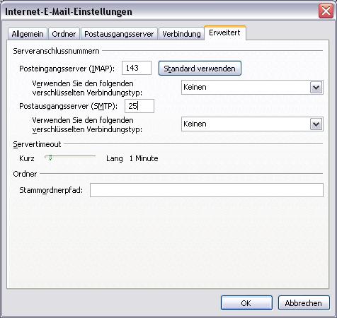 Grundeinstellungen für IMAP Outlook 2007 IMAP benutzt den Standard Port 143 ACHTUNG! Für Kunden mit Internetzugang über swisscom.