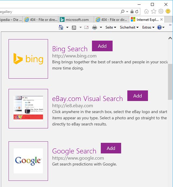 Abbildung 11: Suchmaschinen hinzufügen und ändern Sie wechseln auf eine Webseite von Microsoft, auf der Sie bestimmte Suchmaschinen dem Internet Explorer hinzufügen können.