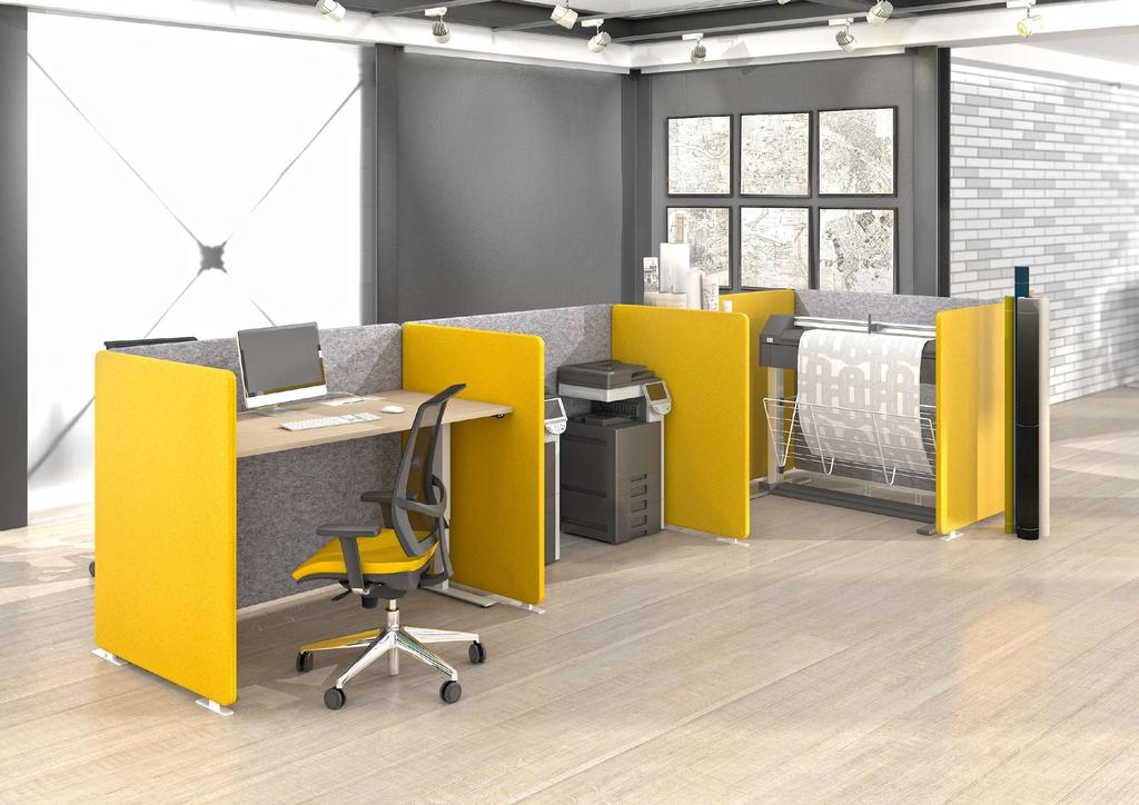 MY SPACE perfectly absorbs noise and divides your office into personal workspaces. You can choose from MY SPACE with either a mounted desktop or only a screen that matches your table.